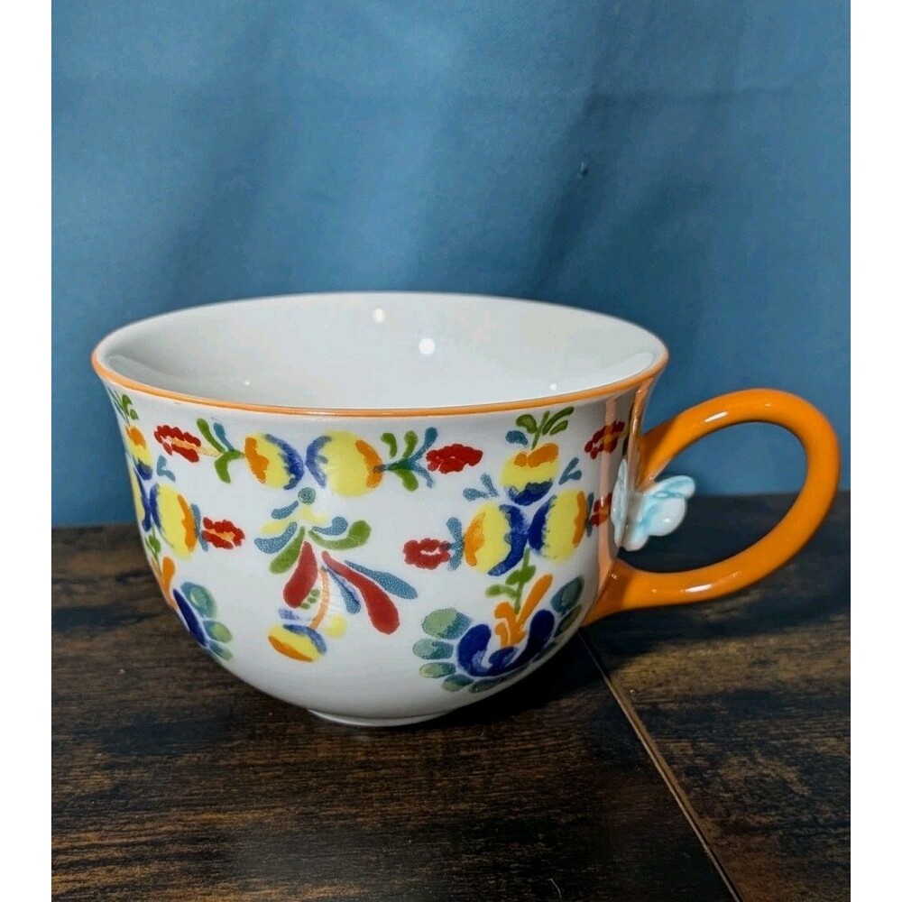 Anthropologie Cadiz Orange Floral Art Tea Cup Mug Painted Flower Interior